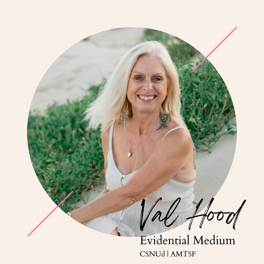 This is the default featured image of Val Hood's blog, featuring a photo of Val Hood, Evidential Medium sitting by the beach.